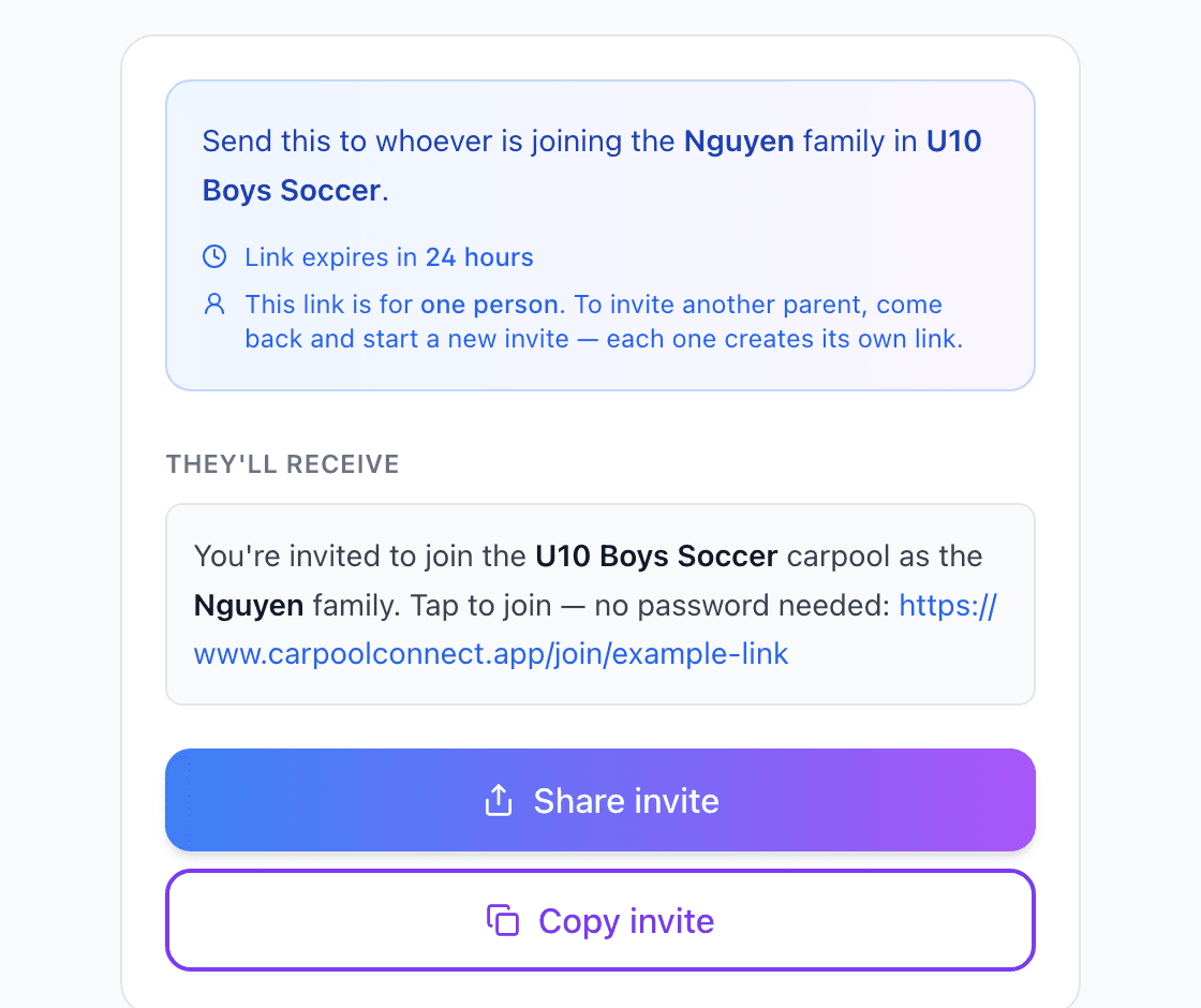 The CarpoolConnect invite screen for the Nguyen family in the U10 Boys Soccer carpool: the message they will receive, which says tap to join, no password needed, with an example join link, and Share invite and Copy invite buttons.
