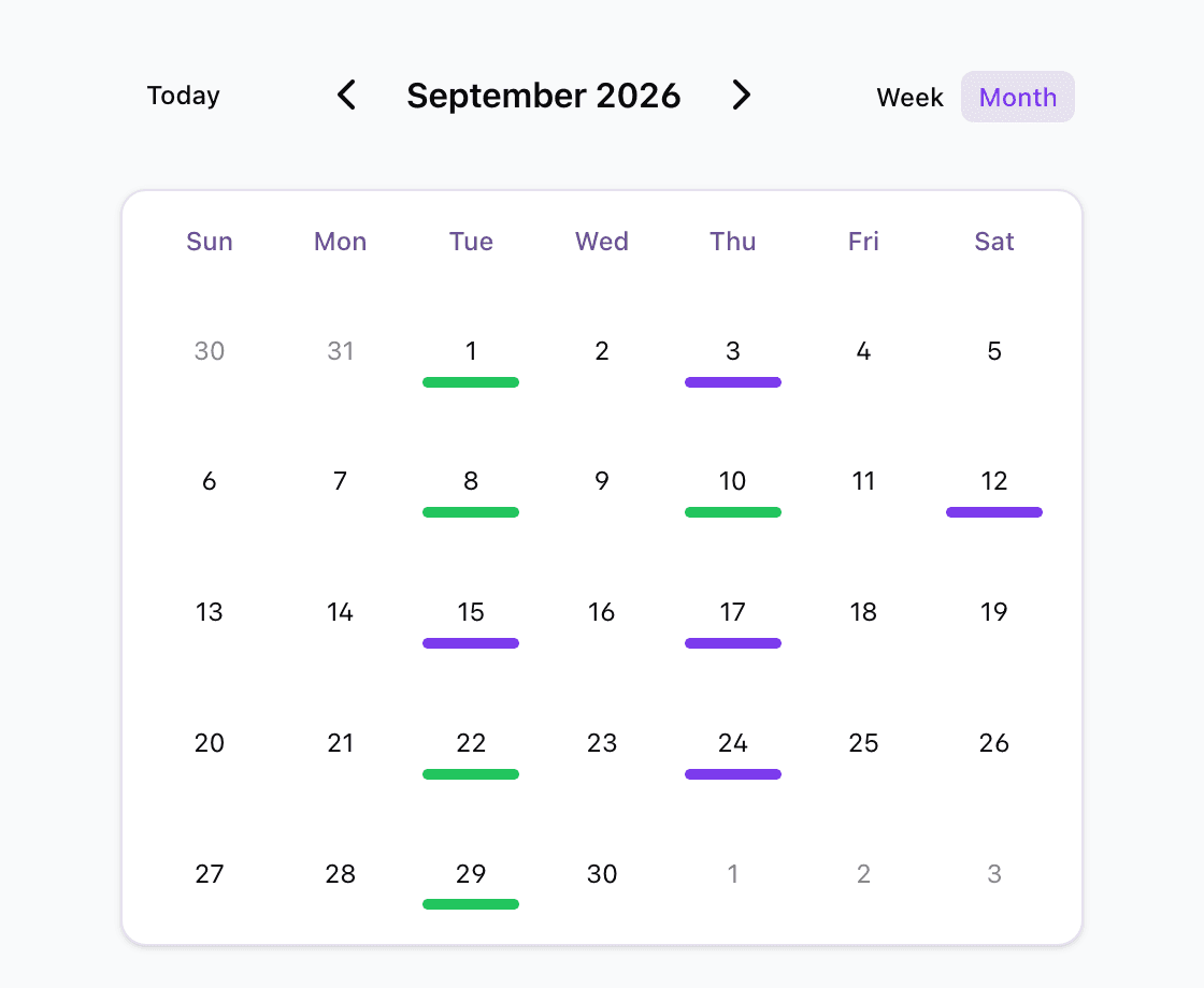 CarpoolConnect month view for September 2026 showing the U10 Boys Soccer carpool: Tuesday and Thursday practice days marked with a green bar on the days you drive and a purple bar on days another family drives, plus a Saturday game.